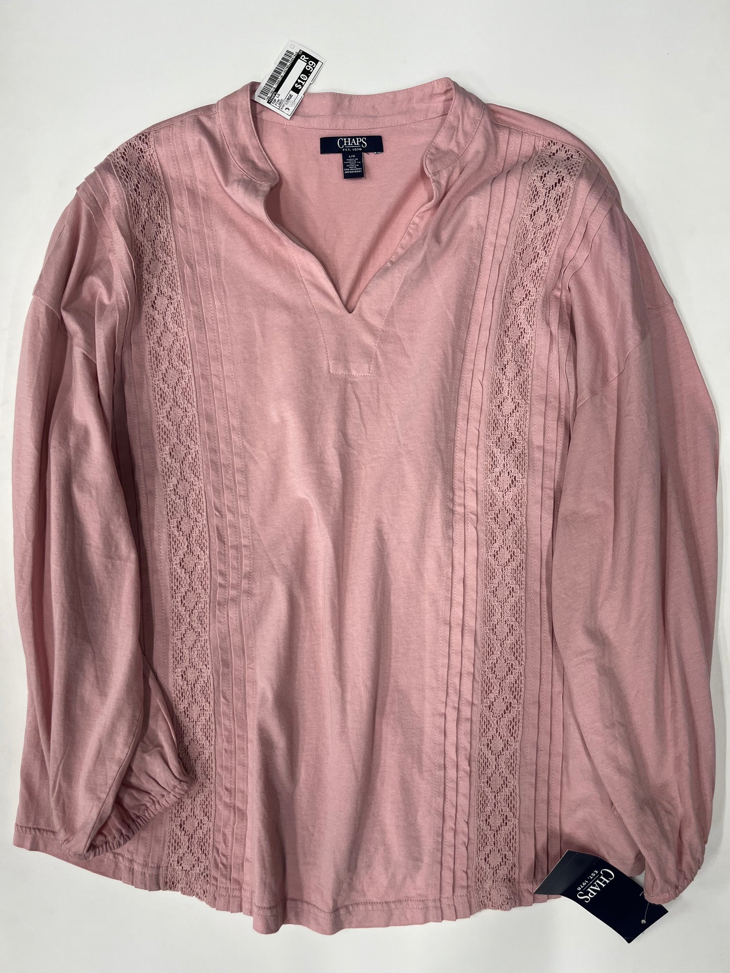 Chaps Long Sleeve Stitched V-Neck Blouse Pink NWT Size L
