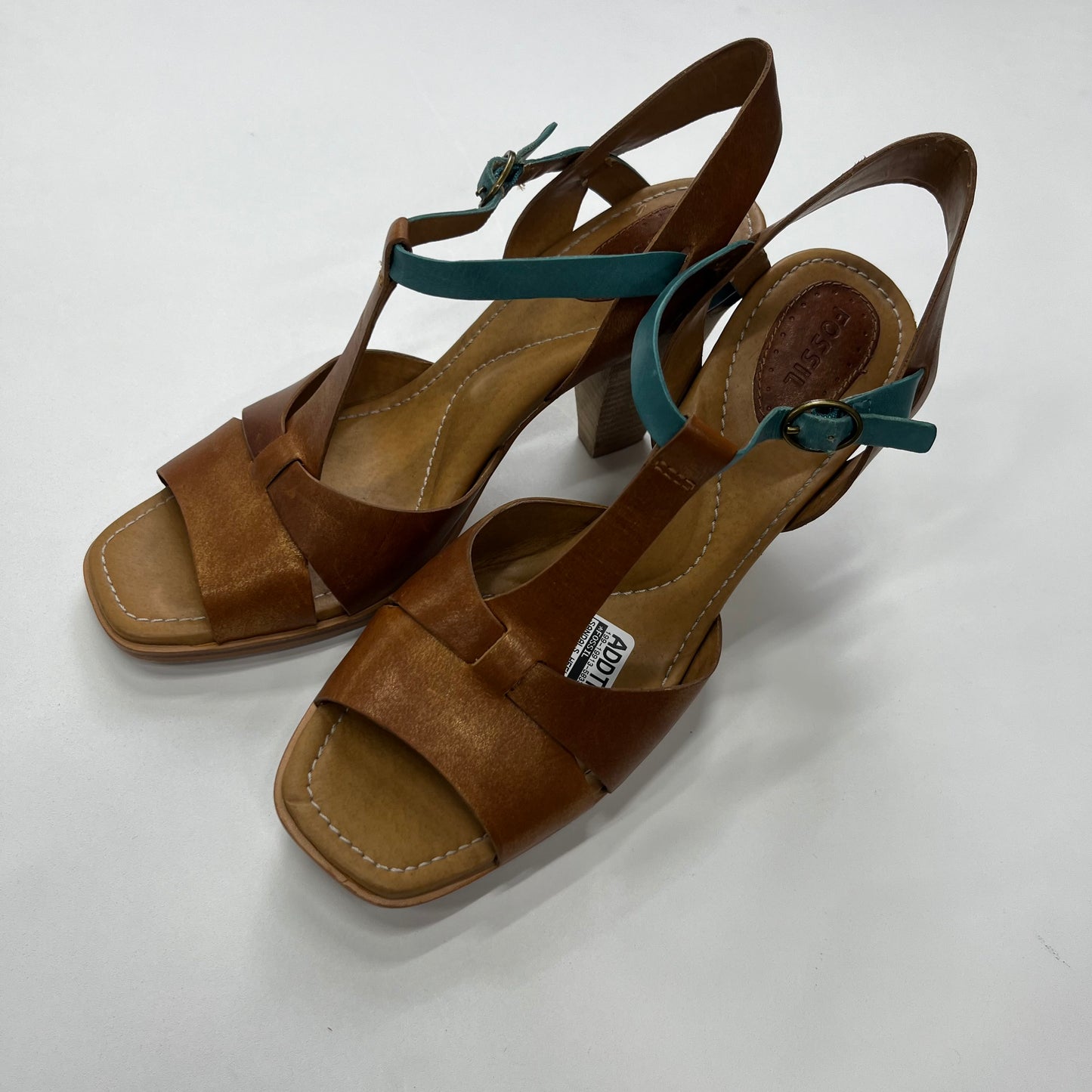 Brown Sandals Heels Block Fossil, Size 8.5