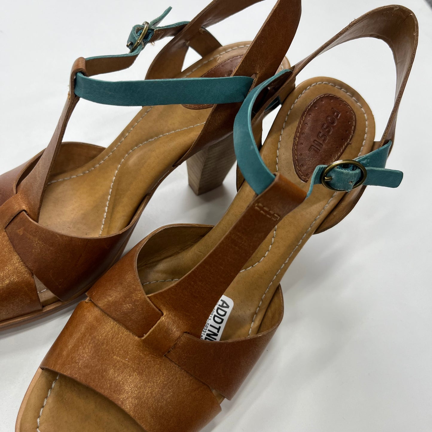 Brown Sandals Heels Block Fossil, Size 8.5