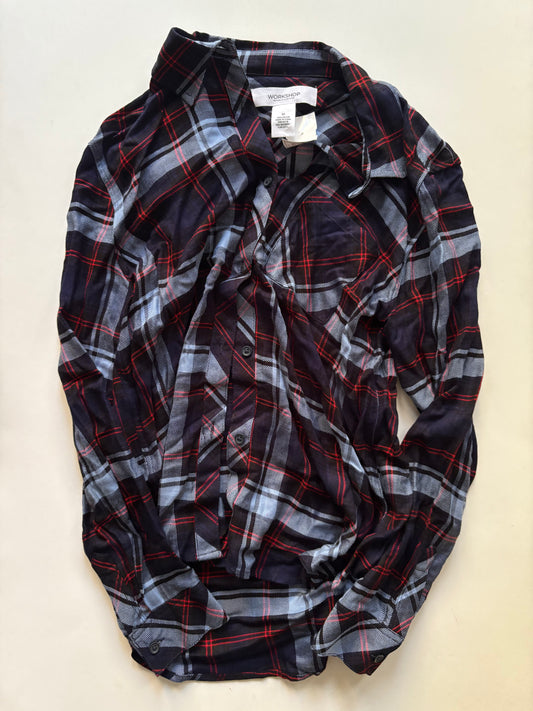 Top Long Sleeve By Workshop In Plaid Pattern, Size: M