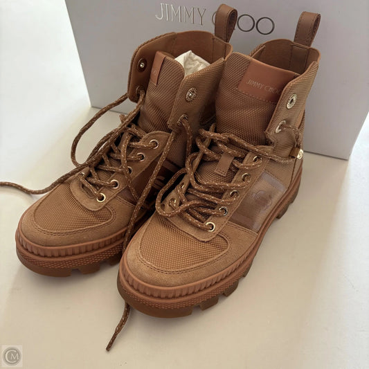 Boots Luxury Designer By Jimmy Choo In Brown, Size: 5.5