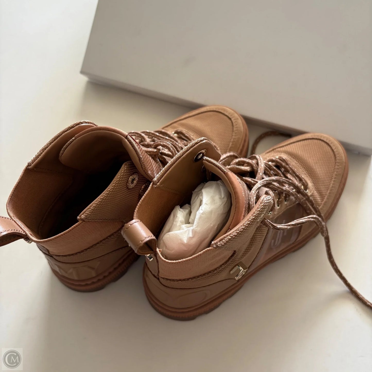 Boots Luxury Designer By Jimmy Choo In Brown, Size: 5.5