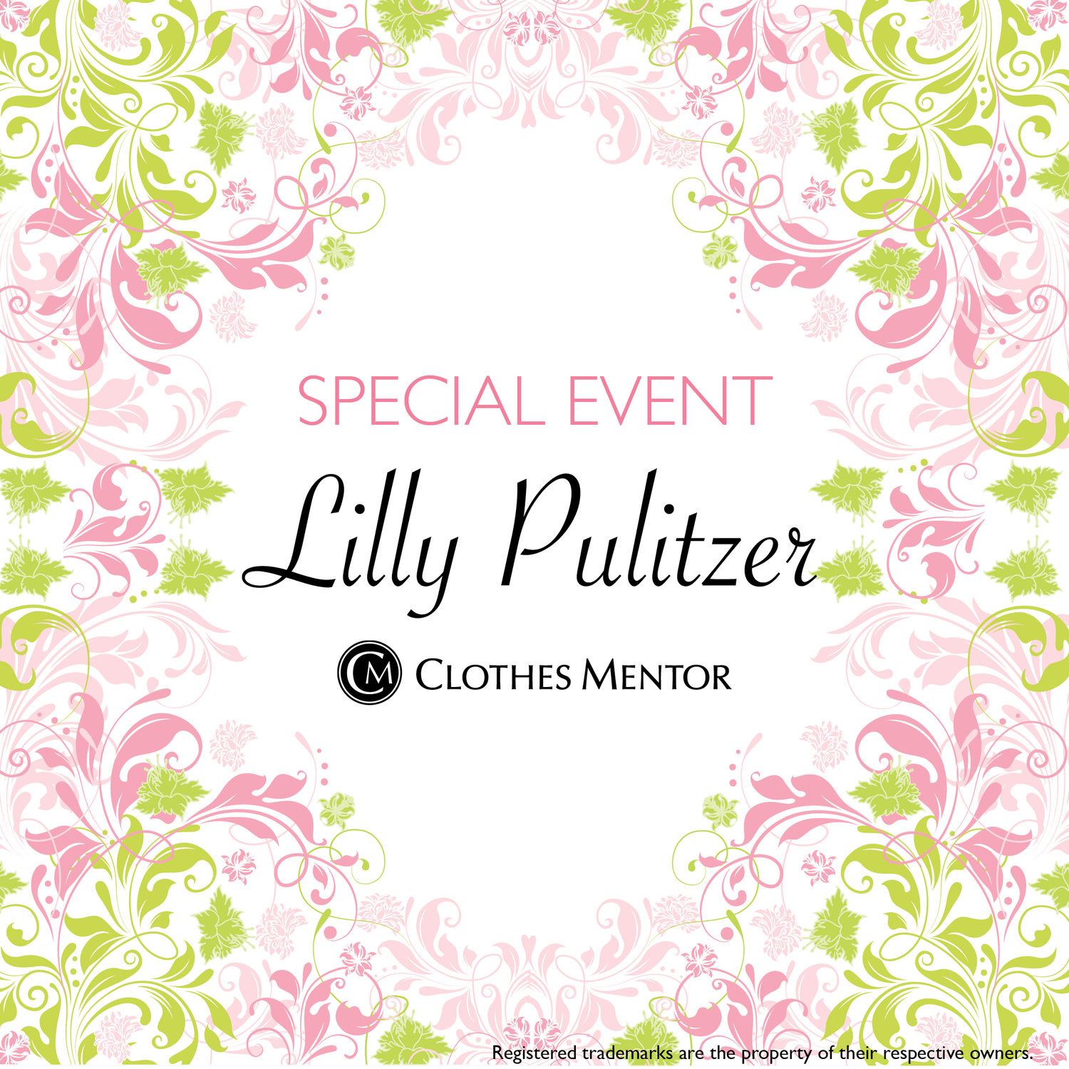 Lilly Pulitzer event invitation with floral design and brand name.