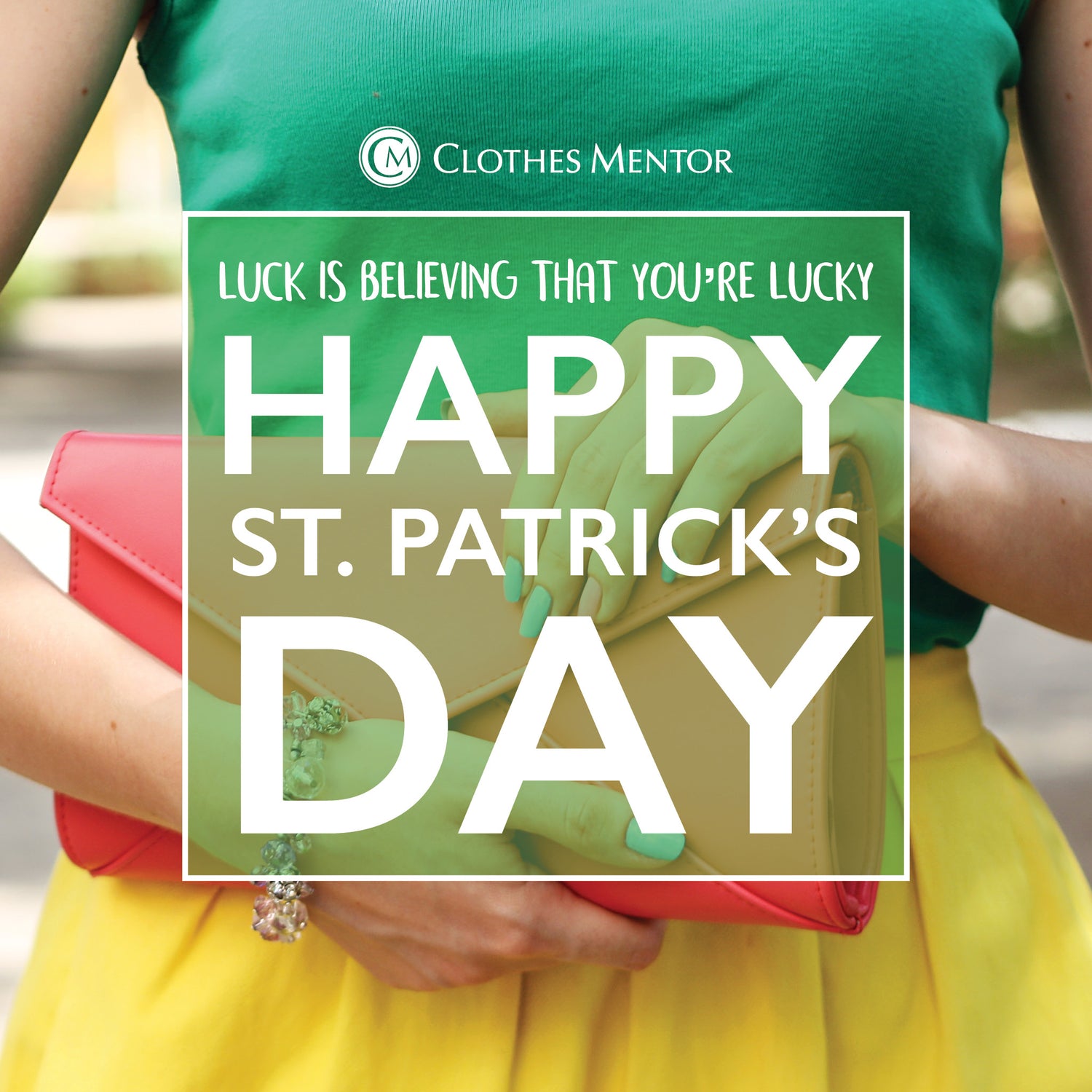 Person wearing green with text overlay for St. Patrick's Day, featuring 'Clothes Mentor' brand.